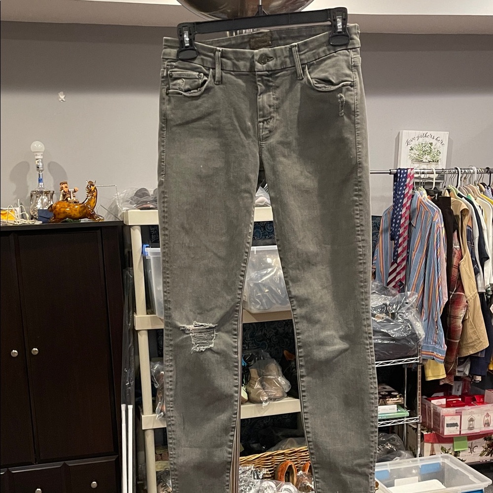 MOTHER The Dazzler Ankle Fray Skinny Jeans Forest Grey Wash Distressed Hem Sz 26